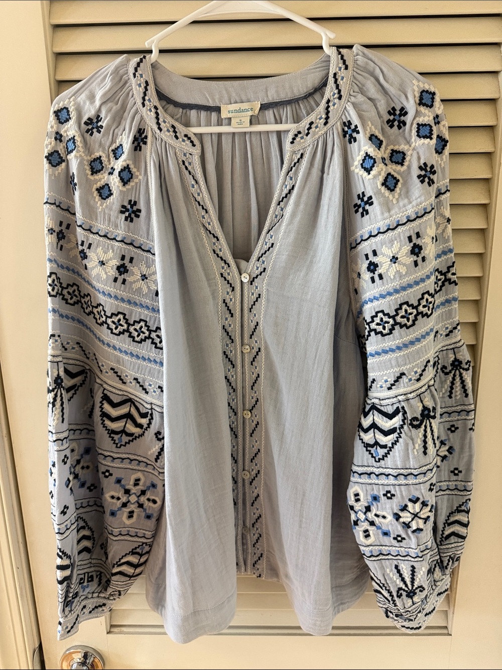 Sundance Light Blue Embroidered Button-Front Peasant Top